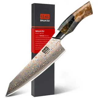 SHAN ZU Damastmesser aus Kupfer Kochmesser Handgeschmiedetes Japanisches Messer, 33 Schichten Damaststahl & Kupfer Profi Damast Küchenmesser 20CM - VENUS Series
