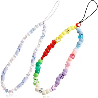 Handyanhänger, 2 Stück Handykette Universal, Handyanhänger, Handy Perlen Schlüsselband, Handschlaufe, Handygurt, Armband, Handyband, kompatibel mit jedem Handy, Smartphone und Handy Hülle