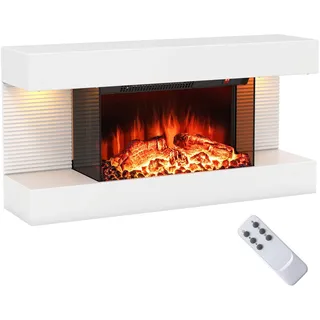 COSTWAY Elektrokamin mit Heizung & LED-Seitenlichtern, schwebender Wandkamin 1500W / 5000BTU mit Fernbedienung, 12 Flammenfarben, 8H-Timer, Standkamin 17°C-28°C weiß