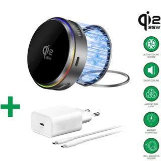 4smarts Qi2 25W / MagSafe Ladegerät-Set mit Kühlung RGB, Grau