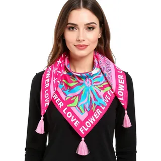 ZWILLINGSHERZ Flower Love Vierecks-Tuch mit Blumen im Retro Look Mode-Tuch 3016Q-2907-4 Pink/Türkis/Bunt - One-Size
