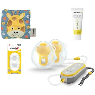 MEDELA Elektrische Doppelmilchpumpe FreestyleTM freihändig, tragbar, besonders leicht, anatomisch geformt, Spar-Set, GRATIS - Schnuller 2er-Set, Traubenkernkissen und Purelan Lanolincreme gelb