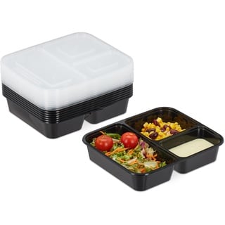 Relaxdays Meal Prep Boxen, 10er Set, 3 Fächer, 1000 ml, mikrowellengeeignet, Kunststoff Essensbox mit Deckel, schwarz