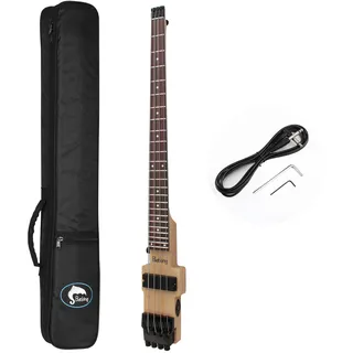Batking Reise-Bassgitarre, Headless-E-Bass, 4 Saiten in schwarzer Farbe mit Gigbag (Natur, 4 Saiten)