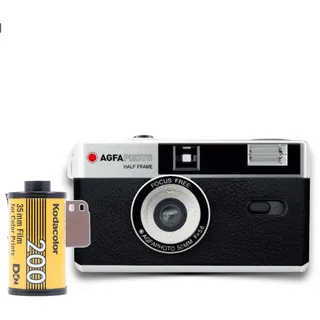 AgfaPhoto analoge 35mm 1/2 Format Foto Kamera Black im Set mit Color Negativ Film + Batterie