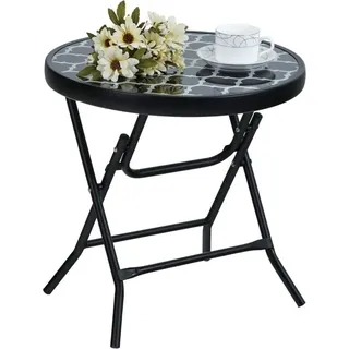 Klappbar Runder Beistelltisch Glas aus Metall Gartentisch Kaffeetisch Klein Balkontisch wetterfest pflegeleicht für Balkon Garten Terrasse Wohnzimmer