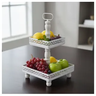 Mucola Etagere Etagere Servierplatte 2 Stöckig 51 CM XXL Braun und Weiß Vintage, (Stück, 1 Etagere), Massivholz weiß