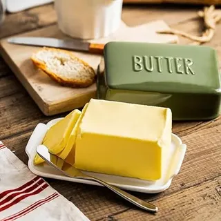 Butterdose mit Porzellandeckel für die Arbeitsplatte Butterhalter Behälter für eine Stange Butter Strukturiertes Tablett Butterbehälter für rutschfeste Aufbewahrung - Grün Groß