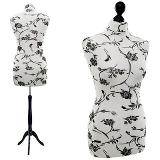 LUCCESI Schneiderpuppe | zum Probierpreis! | Größen S - XL (Female) | Torso M (36-38) | Wechselbezug Creme-Weiss/florales Muster (schwarz) | Standfuss schwarz | Damen Schaufensterpuppe