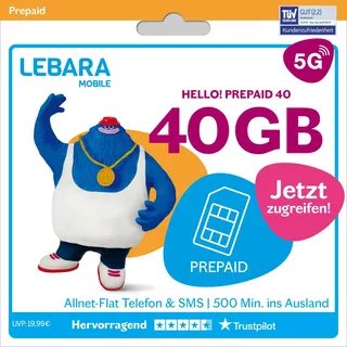 LEBARA Prepaid SIM-Karte mit Hello! 40 Prepaid Tarif ohne Vertrag | Allnet Flat Telefonie & SMS, 40 GB Datenvolumen inkl. 5G und 400 Frei-Min. ins Ausland...