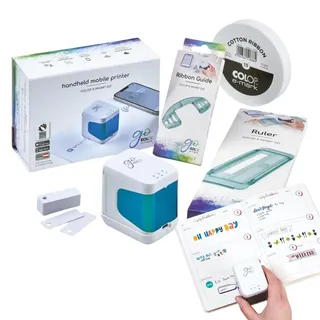 Colop e-Mark go Set. Bestehend aus dem mobilen Drucker e-Mark GO, Lineal, Führungsschiene für Bänderbedruckung, Band 15 mm, sowie PVC-Schilder zur Schilderbedruckung und Broschüre. weiß