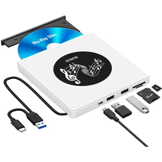BUNUD Externes Blu Ray Laufwerk, USB 3.0 Bluray Brenner Extern USB C Externe Blu-ray Laufwerk mit 2 USB & SD/TF Slots, Externe Bluray laufwerke für PC Laptop Windows 11/10 Mac MacBook