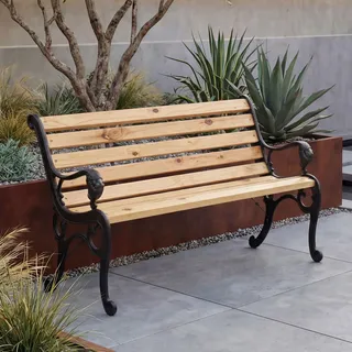 Mendler Gartenbank HWC-O25 132cm Gusseisen Holz Kiefer - Natur | Sitzbank, Parkbank, Holzbank, 2-Sitzer
