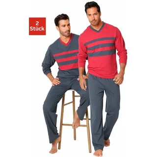 LE JOGGER Pyjama »Schlafanzug für Herren« Packung, 2 Stück, 4 tlg. aus 100% Baumwol, Gr. 48/50 (M), rot, grau, , 454367-48