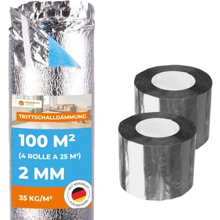 Trittschalldämmung mit Dampfsperre 100 m2 Premium Silver Plus 2mm stark | 4 Rollen + 2 Rolle Alu PP Klebeband | sehr gute Wärmedämmung | Fußbodenheizung geeignet für Laminat und Parkett