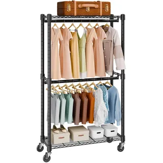 Vevor Rollbarer Kleiderständer Garderobenständer 1 Kleiderstange, 2-lagig, 136 kg Belastbar Strapazierfähiger Rollbarer Kleiderständer für Schlafzimmer, Wäscheraum, Ankleidezimmer, Eingang usw.