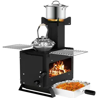 COSTWAY Holzkohlegrill 3in1, Heizofen mit Topfgestell, Ofenpfanne, 2 Grills schwarz