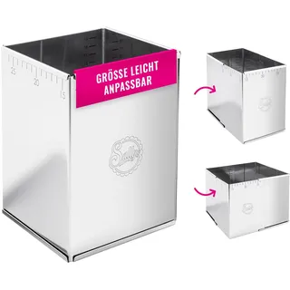 Sallys Backrahmen Quattro - Verstellbare Größe 14,5x14,5cm bis 26x26cm - 20,5cm hoch - Eckige Backform - Rostfreier Federbandstahl - mit Skalierung - Spülmaschinenfest