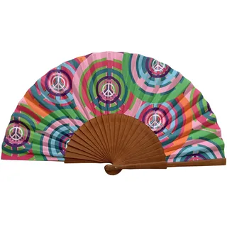 Tusitala Barcelona - Peace Handfächer – Spanischer Fächer aus Holz und Baumwolle – handgefertigt – natürlicher Jute-Bezug im Lieferumfang enthalten – originelles Geschenk – 23 cm.