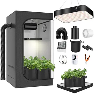 Growzelt Komplettset 120x120x200cm Grow Tent Kit mit 200W LED Vollspektrum Grow Lampe Dimmbar, GrowZelt Kit Komplettes Hydroponics Grow Tent Complete Set