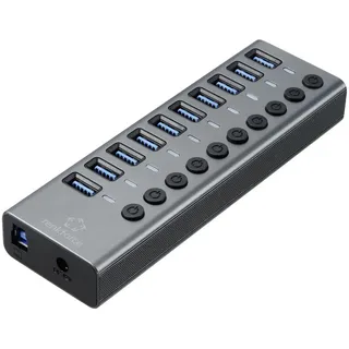 Renkforce RF-6027504 USB-Hub 10 Port USB-A USB 3.1 Gen2 10 GBit/s einzeln schaltbar, mit Aluminiumgehäuse Silber-Schwarz