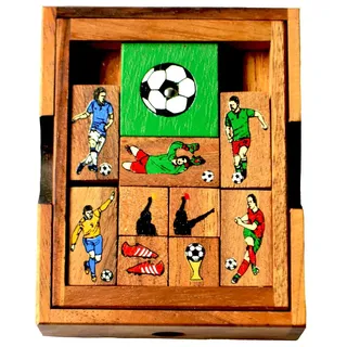Khun Pan Foot Ball, Escape Knobelspiel medium in Einer Holzbox, Knobelholz Schiebespiel mit Fussball Figuren, Knobelbox, Khun Phaen, Ausparken, Konzentration Unterhaltungsspiel, Reisespiel,