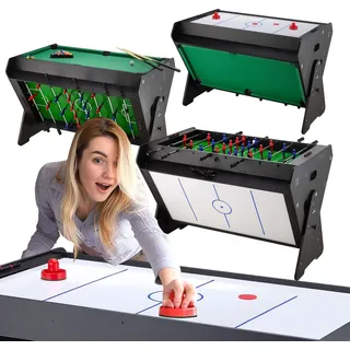 Outtec® 3in1 Spieltisch - Kickertisch, Tischbillard, Airhockey - 121x84x85 cm - Tichfußball, Air Hockey, Billard für Kinder und Erwachsene - Schwarz