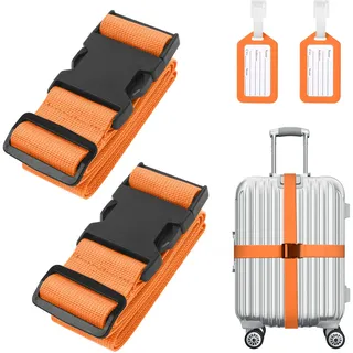 Flintronic 2-Stück Premium Gepäckgurt Koffergurt Kofferband Einstellbare rutschfest Gepäckband Lang kofferbänder Luggage Strap + 2 Stück Kofferanhänger Sicher Reisen für Koffer - Orange