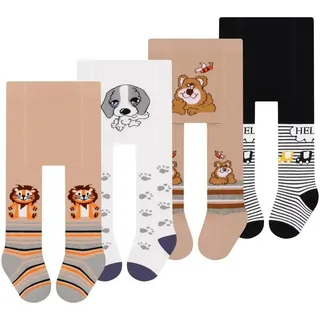 L&K-II Strumpfhose 2760 (4er-Pack) Babystrumpfhose für Baby Jungen mit Hund Löwen Affen Bären Motiv bunt 68/74