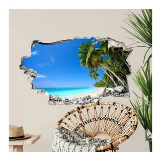 K&L Wall Art Wandtattoo 3D Aufkleber Badezimmer Paradise Ausblick Palmen Strandurlaub, Mauerdurchbruch Wandbild selbstklebend blau 100 cm x 61 cm