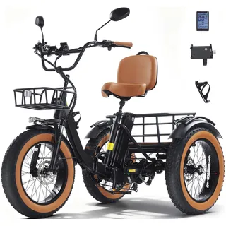 KAKIGO Elektro-Dreirad Für Erwachsene,20”x4” Fat Tires,Aluminium Faltbares E-Bike,250W Motor,65 Nm,48V 15.6Ah Akku,20 Km/h, Vorder-&Hinterkorb,Differenzial,90Km Reichweite