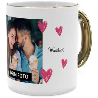 PhotoFancy® - Fototasse 'Herzen' - Personalisierte Tasse mit eigenem Foto - Gold Glänzend - Layout Herzen