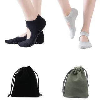 PFLYPF 2 Paar rutschfeste Yoga-Socken mit 2 Kordelzugbeuteln, Pilates-Socken aus Baumwolle, Turnsocken mit offenem Spann, Trainingszubehör für Tanz, Barfuß-Training, Trampolin (Schwarz, Grau) - Einheitsgröße