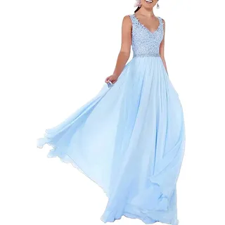 Beyonddress Damen Chiffon Abendkleider Lang Hochzeit V-Ausschnitt Brautkleid Ballkleider Brautjungfern Kleider(Blau,48) - 48