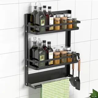 DUNSOO Gewürzregal Wand mit Küchenrollenhalter und 4 Haken, Küchenregal Ohne Bohren aus Edelstahl, Wandregal Hängend für Küchen und Bad Organizer,Schwarz (Doppellagig)