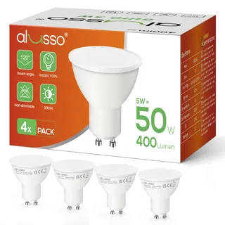ALUSSO GU10 LED Warmweiss 5W 400LM Lampe 3000K Warmweiß, 4 Stück | Ersetzt 50W leuchtmittel, 120° Abstrahlwinkel Reflektorlampen, Nicht Dimmbar Energiesparlampe