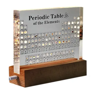 HGUIM Periodensystem mit Echten Elementen, Acryl Periodensystem with 83 Elementen mit Holzhalter Bunte für Schüler Lehrer Handwerk Dekor Chemie Tool,Clear
