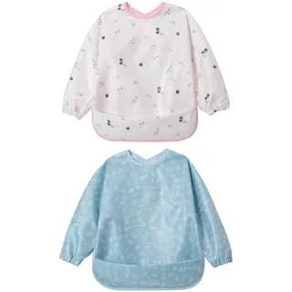 Little Dimsum Lätzchen Baby Lätzchen mit Ärmeln, Lätzchen Wasserdicht Abwaschbar Ärmellätzchen, Baby Bibs Set für Kleinkinder mit Großer Tasche (6-36 Monate) - 2er-Pack (Leaf&Flower)