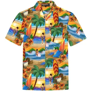 Hawaiihemdshop.de Hawaiihemd Hawaii Hemd Herren Baumwolle Kurzarm Hawaiihemd mit Palmen und Meer orange M