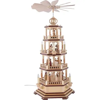Müller Weihnachtspyramide Heilige Geschichte, 4-stöckig, 72 cm hoch, elektrisch beleuchtet und angetrieben (230V, 50Hz), Natur, original Erzgebirge Seiffen