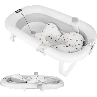 Babybadewanne mit Thermometer, Faltbare Badewanne Baby mit Badekissen Tragbare Baby Badewanne Newborn Essentials Babywanne für Säuglinge und Kleinkinder von 0-24 Monaten (Grau, 80 * 50 * 23cm)