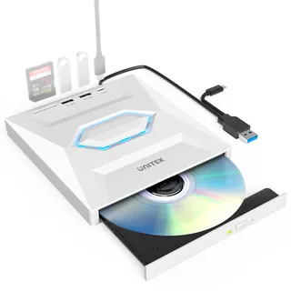 UNITEK 5-in-1 USB-C External DVD Drive: 10Gbps CD/DVD Burner + M.2 SSD Enclosure + SD/Micro SD Card Reader – Plug & Play for Windows, macOS, Linux, Laptop, Desktop, MacBook, iMac, Grey
