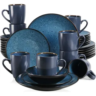 Tafelservice Steingut, vancasso 32-St Kombiservice, Geschirrset mit Schalen, Becher, Dessertteller und Speiseteller für 8 Personen, Vintage - Blau