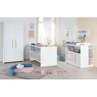 roba Kinderzimmer Set Lilo - Mitwachsendes Gitterbett 70 x 140 cm + Wickelkommode mit 2 Schubladen & 1 Tür + Kinderkleiderschrank 2-türig - Griffe aus Buche - Holz weiß lackiert