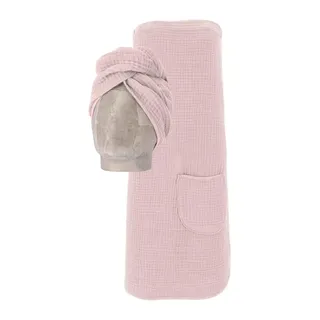VOSSEN Kilt Wellness Set, ideal für Sauna & Spa, Hotelbademantel, Morgenmantel, Baumwoll-Mix, Musselin, 1 Spa Dress +1 Turban in einem Set inkl. Geschenkverpackung rosa