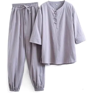 WHESAZYP Tai Chi Anzüge, Tai Chi Kleidung, Damen, Kung Fu Uniform, Baumwollleinen, Kampfsport-Set, Kurzarmhose, Zen-Meditationsuniform, Tang-Anzug, traditionelle chinesische Kleidung (Grau XL)