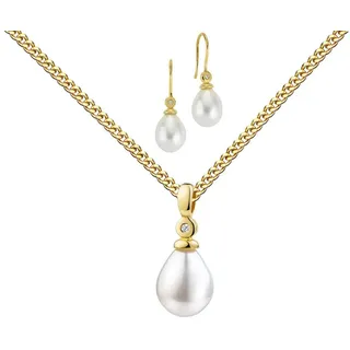 JEVELION Schmuckset Perlen-Anhänger + 2 Ohrhänger 750 Gold + Diamanten im Brillantschliff (Goldanhänger + Gold-Ohrschmuck, für Damen und Mädchen), Mit Kette vergoldet- Länge wählbar 36 - 70 cm oder ohne Kette.