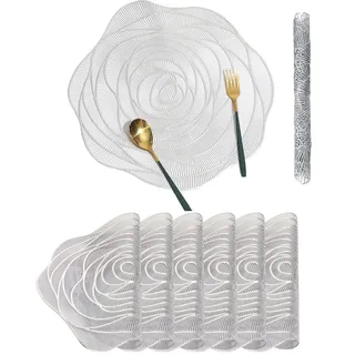 Platzsets Tischsets Abwaschbar 6er Set Platzset Rund PVC Platzdeckchen rutschfest Tischmatte Tischuntersetzer Hitzebeständiges für Hause Küche Restaurant und Hotel (Silber)