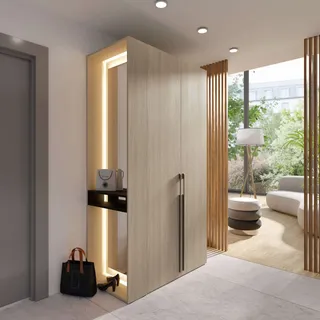 Home Affaire Kleiderschrank HOME AFFAIRE "TRENTO Garderobe, Wäscheschrank mit Spiegel und LED-Beleuchtung", beige (natur), B:110,9cm H:207,5cm T:58cm, Melamin, Schränke, Kleiderschrank, wahlweise mit Kleiderstange oder Einlegeböden FSC-zertifiziert