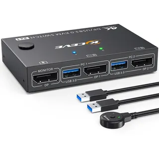 YOUTINGHDAV USB 3.0 KVM Switch Displayport 4K@144Hz, KVM Switch 2 PC 1 Monitor 8K@30Hz, DP KVM Switches for 2 PC Teilen 4 USB 3.0 Geräten Tastatur Maus Monitor mit Wired Remote